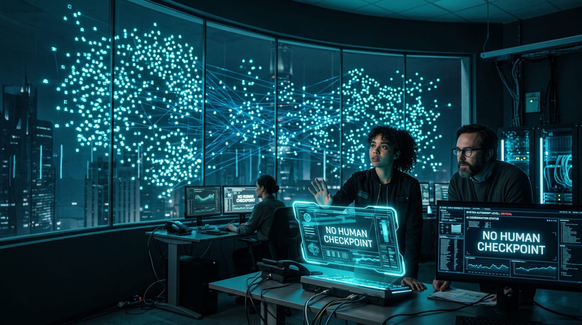 A dense swarm of small translucent cyan holographic AI agents drifting past a human oversight team in a dark cool-lit control room