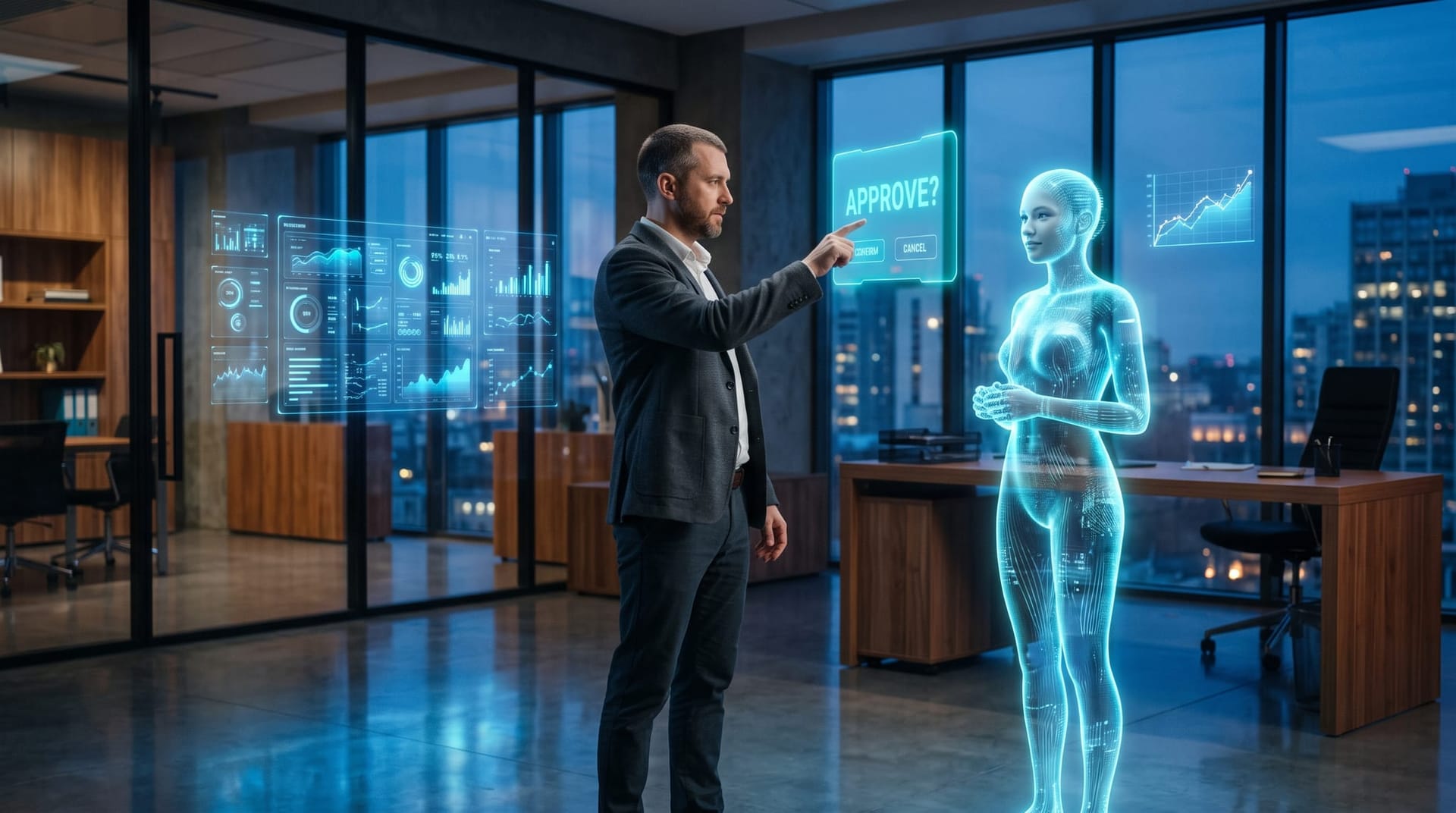 A business owner authorizing a cyan holographic AI employee at a glowing approval checkpoint panel in a modern Northeast Indiana office