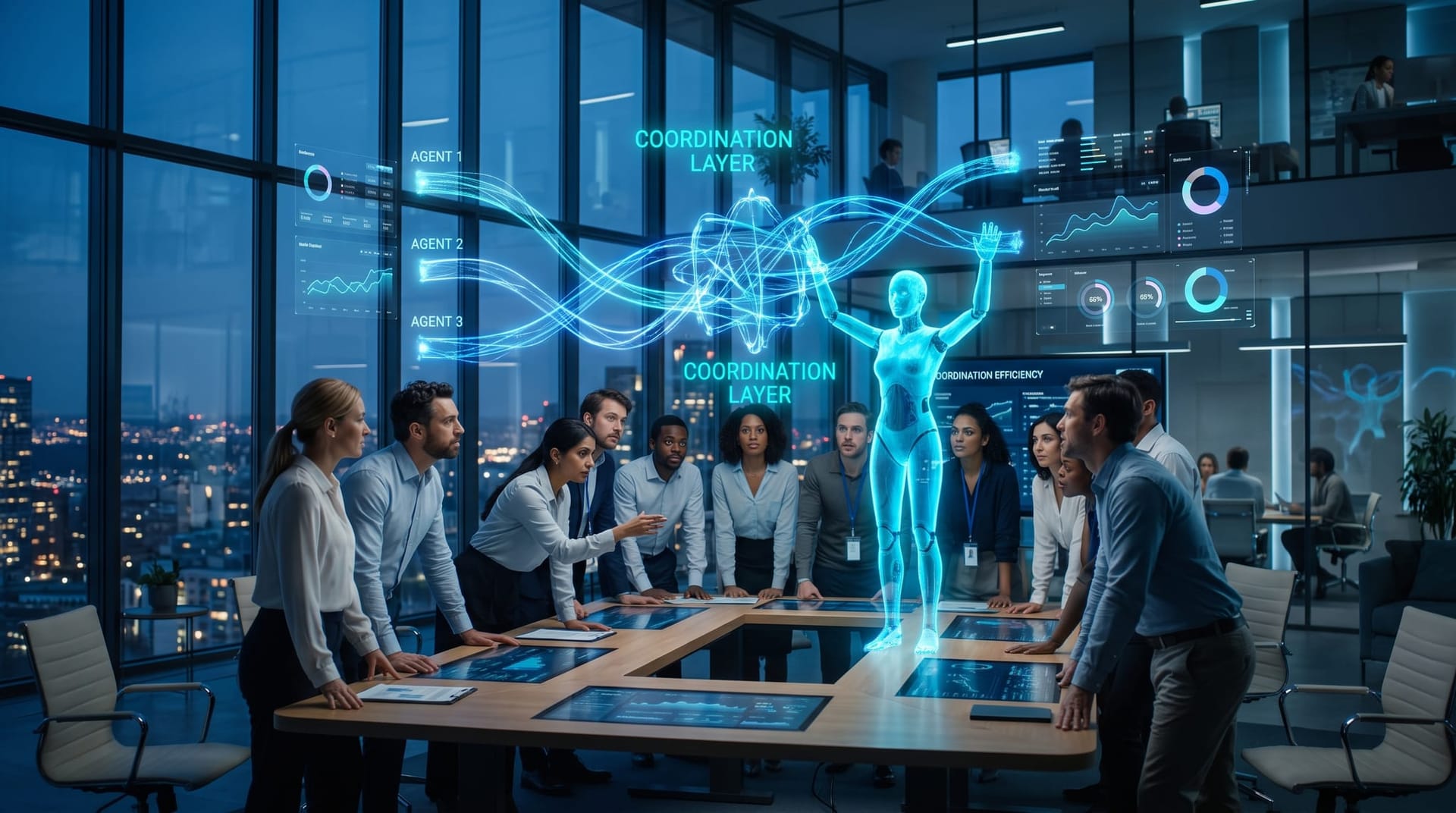 Business team studying three colliding AI agent workflows on floating cyan panels as a translucent holographic AI worker coordinates them