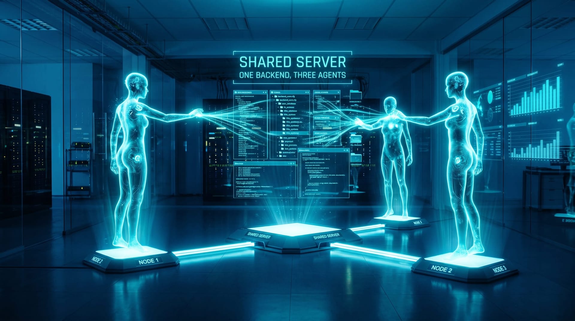 Three translucent cyan holographic AI workers on separate server nodes reaching toward the same code files on a shared glowing platform