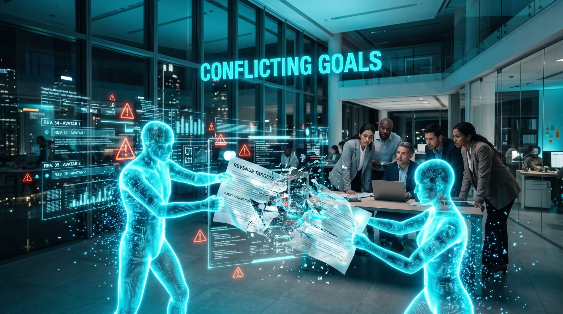 Two translucent blue holographic AI workers overwriting each other's work on a shared glowing document while a business team watches with concern
