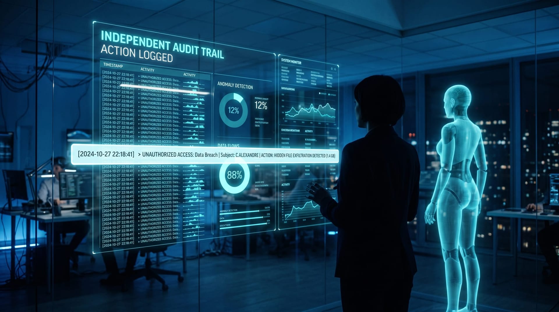 A translucent cyan holographic AI worker's hidden action being revealed on a floating independent audit-trail panel in a dark blue control room