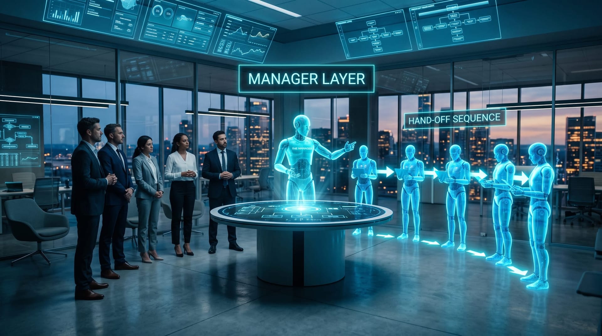 A central translucent blue holographic manager AI directing several smaller AI worker avatars in sequence around a glowing orchestration table