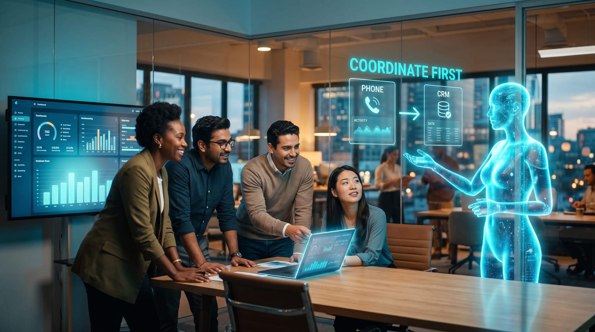 A small Northeast Indiana professional team coordinating their first AI Employees with a translucent cyan holographic AI worker in a modern office