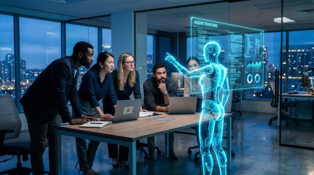 A diverse business team in a glass-walled office watching a translucent cyan holographic AI Employee gesturing at a floating terminal window panel labeled agent runtime.