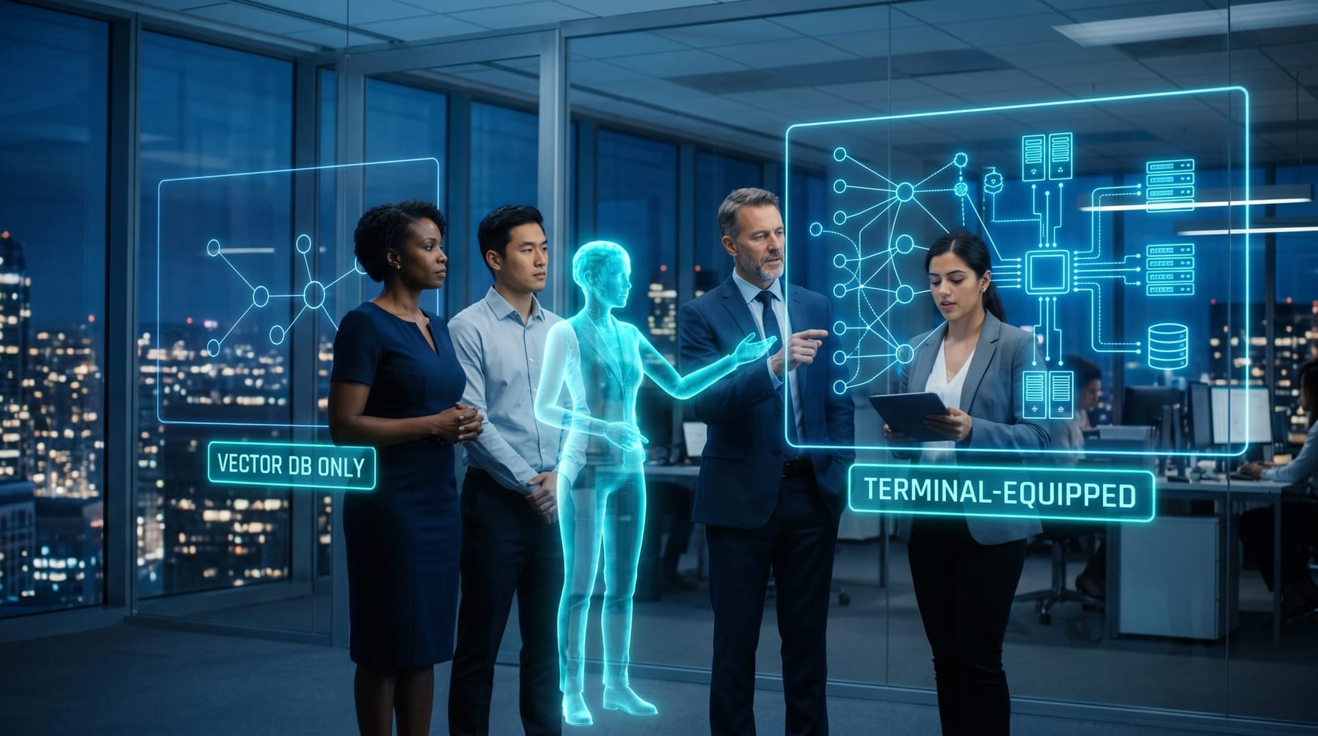 A floating cyan holographic five-row architecture matrix comparing vector-DB-only and terminal-equipped agent runtimes, with a translucent AI humanoid pointing at the workspace row.