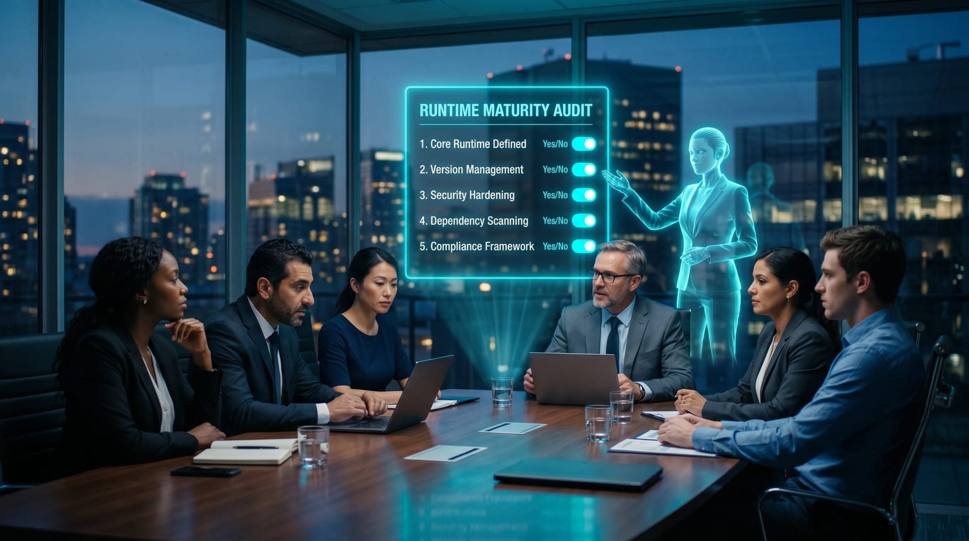A diverse mid-market team scoring a floating cyan holographic five-question audit checklist beside a translucent AI humanoid annotating the rung-assignment column.