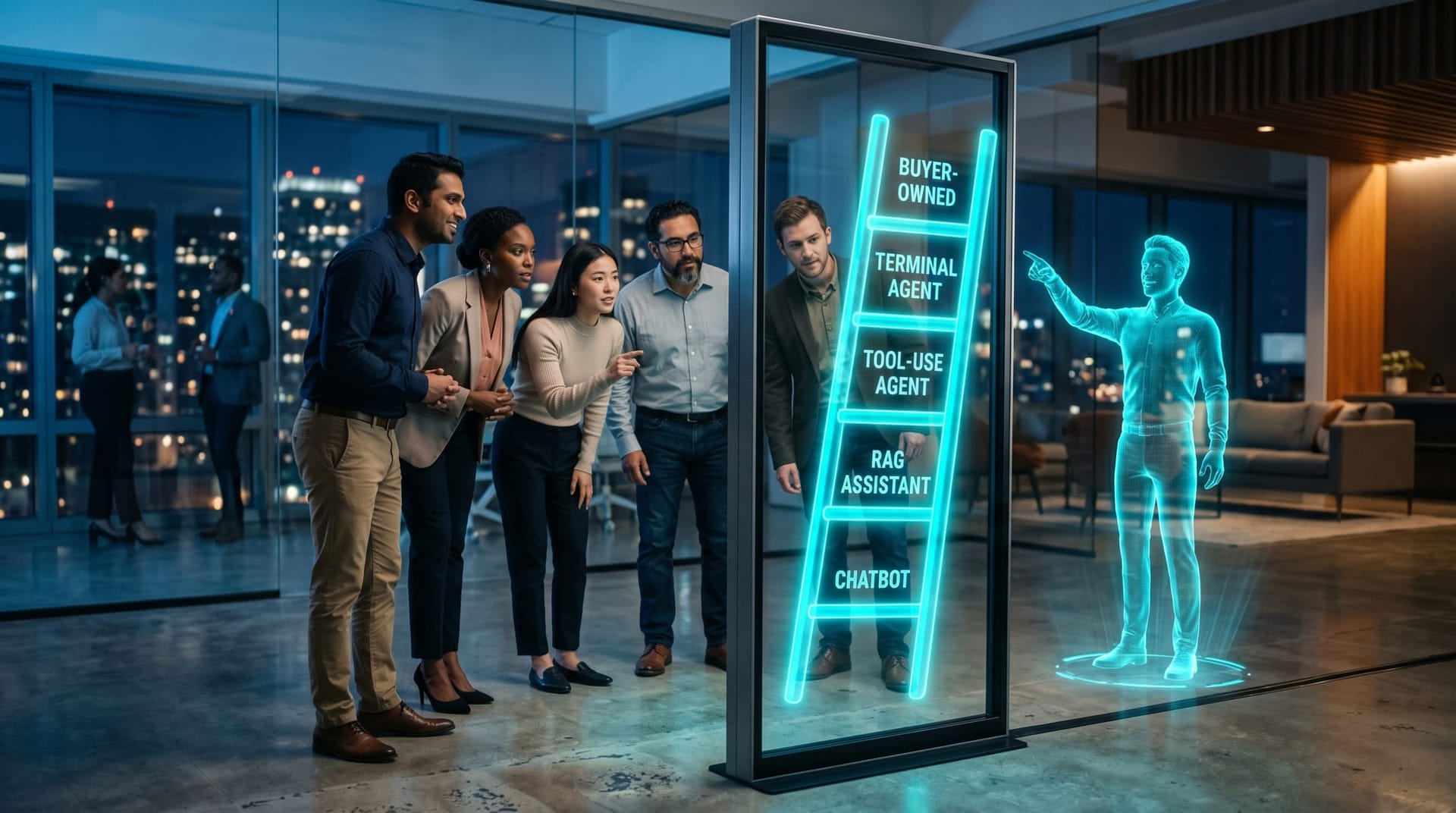 A floating cyan holographic five-rung ladder labeled Chatbot, RAG Assistant, Tool-Use Agent, Terminal Agent, and Buyer-Owned Terminal Agent, with a translucent AI humanoid pointing at the upper rungs.