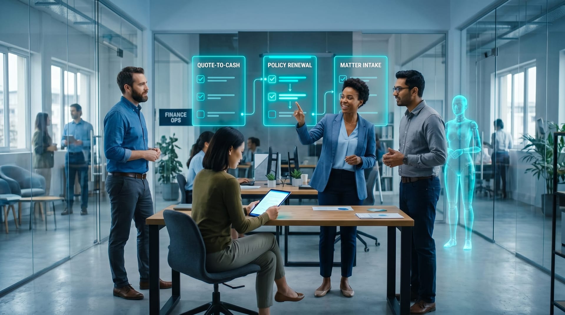 Three NE Indiana mid-market workflow clusters — manufacturer quote-to-cash, brokerage renewal, legal matter intake — each beside a floating cyan holographic rung indicator showing Rung 4 readiness.