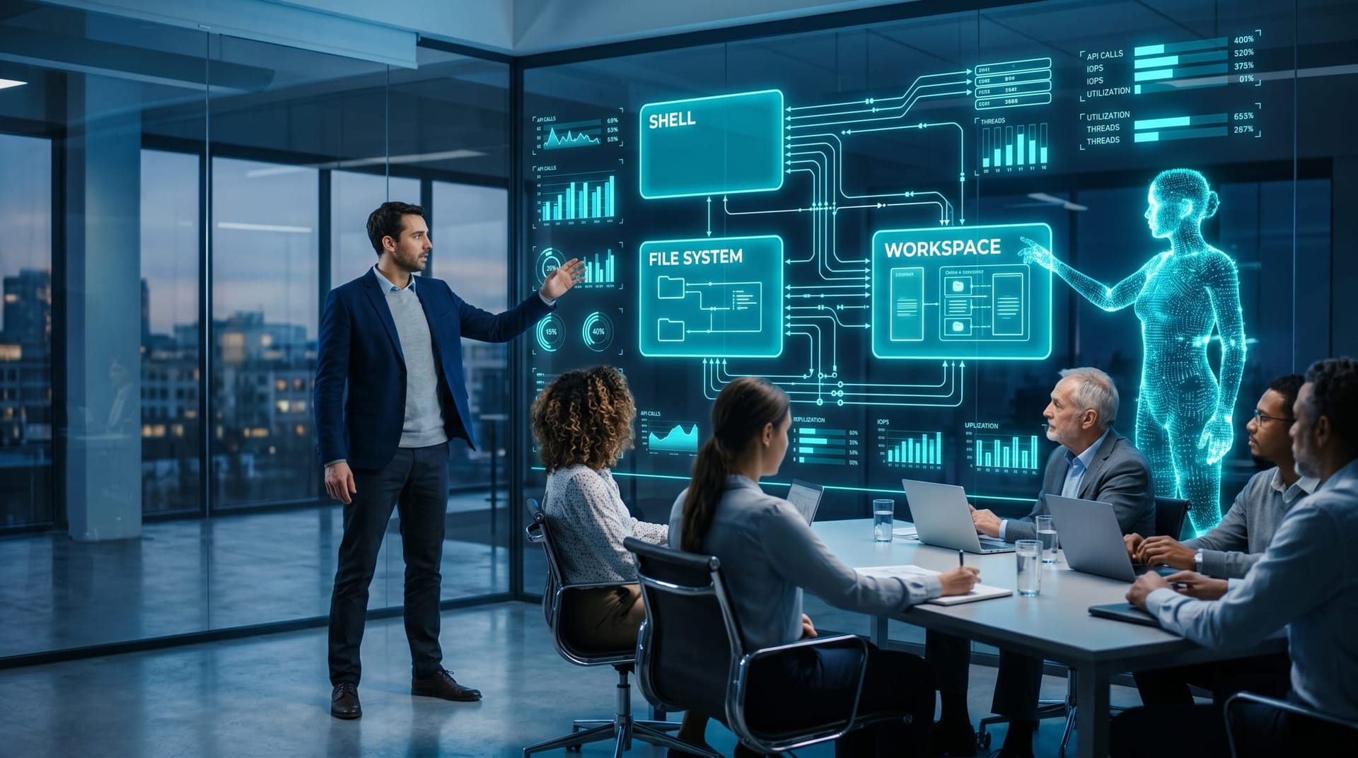 A diverse business team in a glass-walled office watching a translucent cyan holographic AI Employee gesturing at a floating terminal window panel labeled agent runtime.