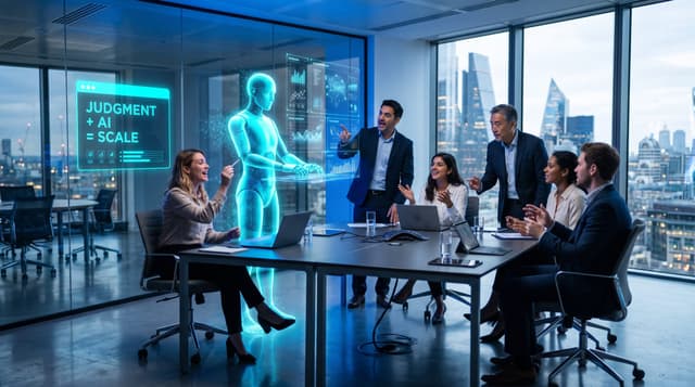 Diverse business team directing a translucent cyan holographic AI avatar that executes work on floating panels while people focus on decisions, in a glass office