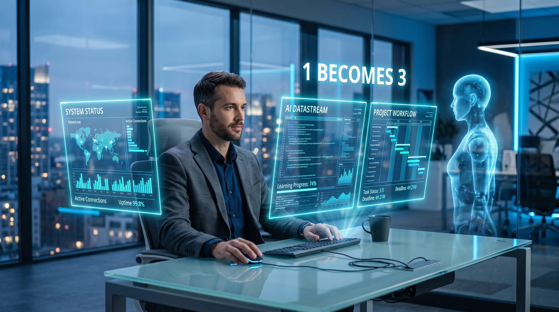 Single professional overseeing three parallel holographic work streams in cyan glow, illustrating one person doing the work of three with AI
