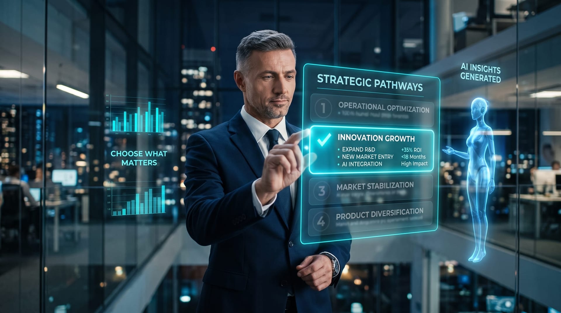 Experienced leader evaluating AI-generated options on a holographic decision panel, choosing the best one with cyan checkmark overlays in a glass office