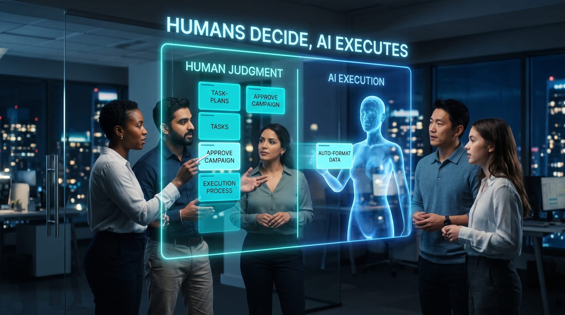 Team restructuring workflow on a holographic board separating human judgment tasks from AI execution tasks, cyan panels in a collaborative glass office