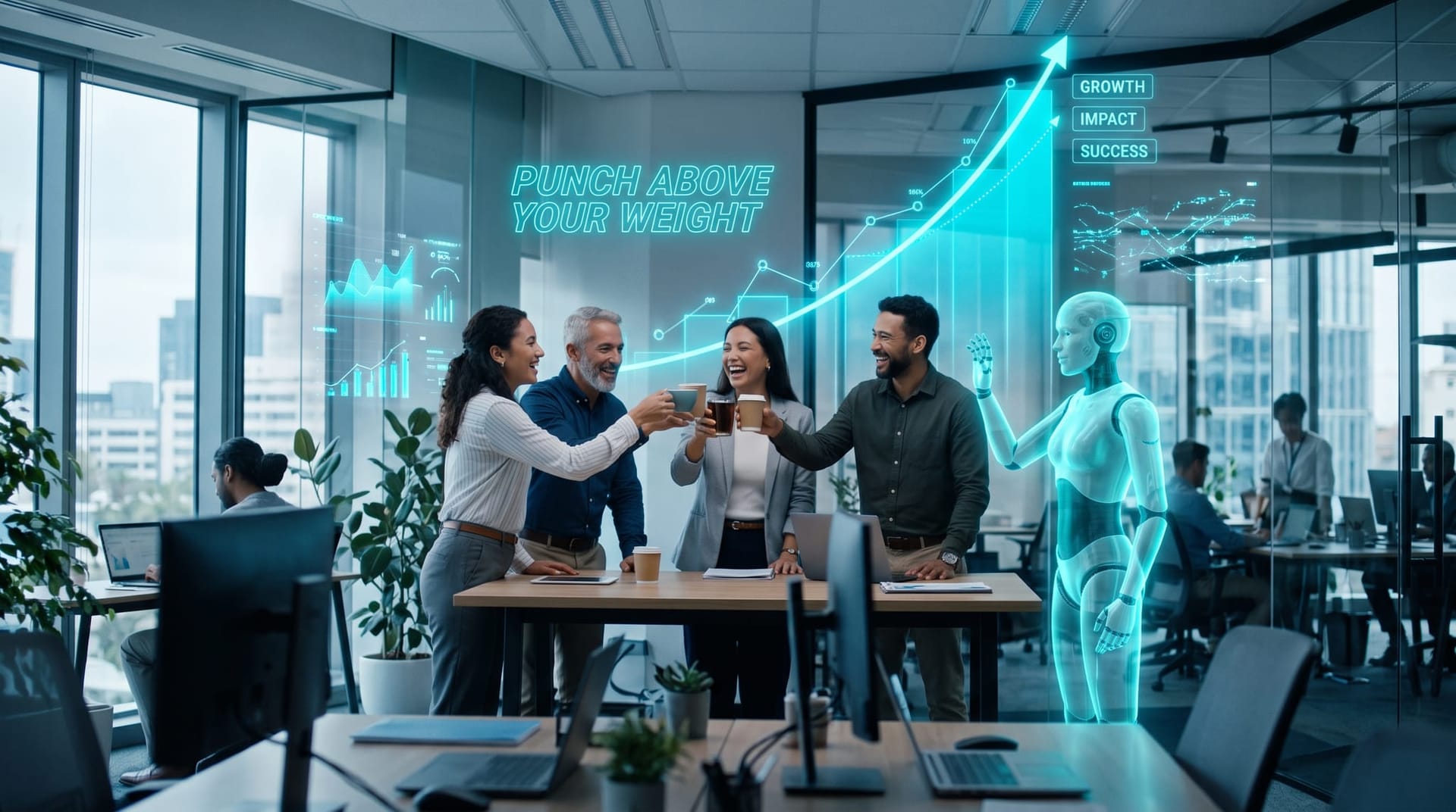 Lean Northeast Indiana business team celebrating outsized output with cyan holographic growth charts and an AI avatar in a bright modern Midwest office