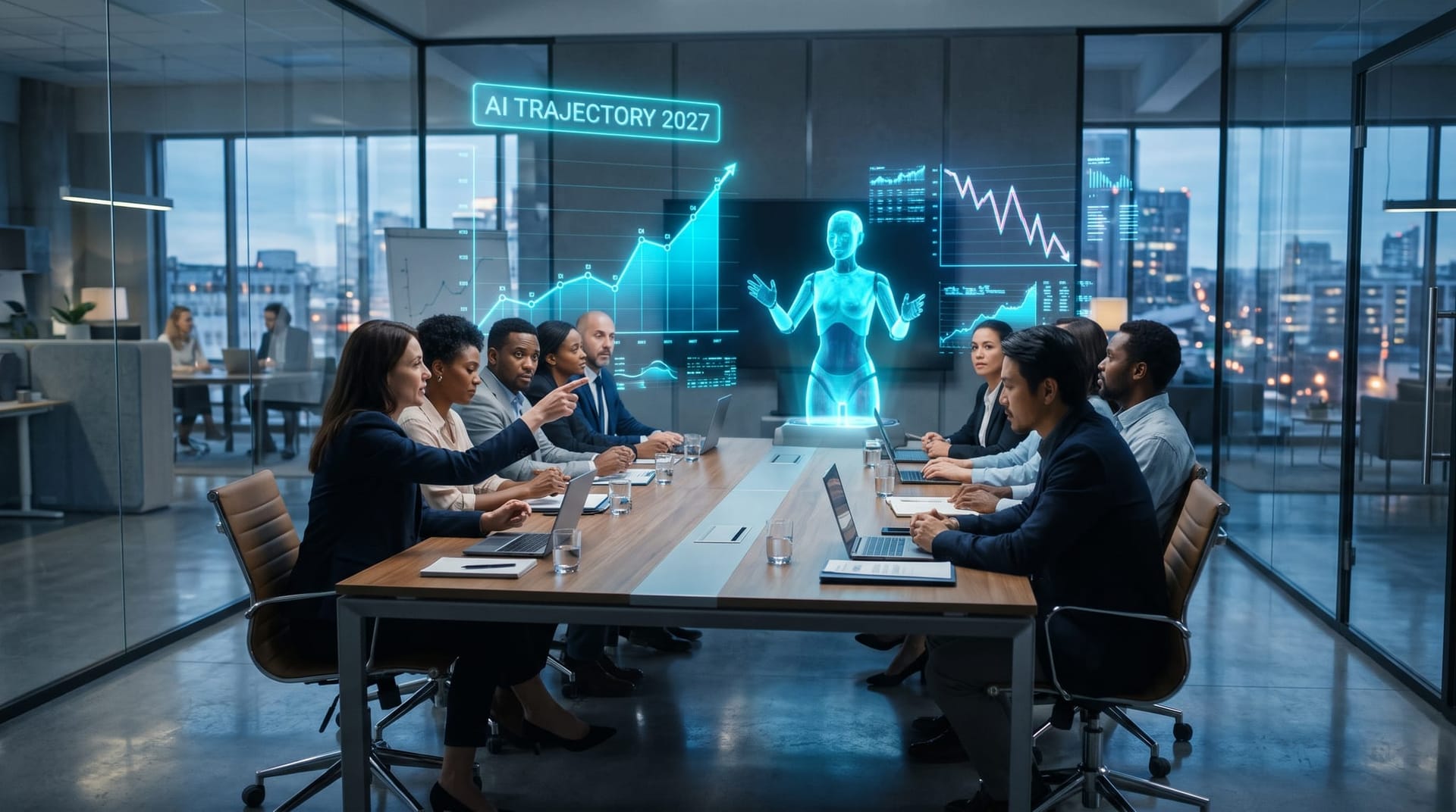 Business team reviewing rising AI capability and falling cost charts on cyan panels beside a holographic AI employee while planning a 2027 strategy