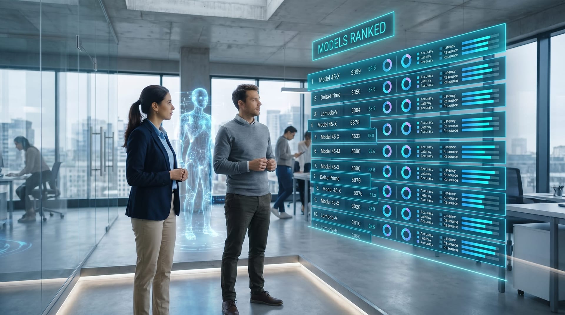 Holographic leaderboard of many competing AI models glowing in cyan as business colleagues compare rankings in a modern glass office