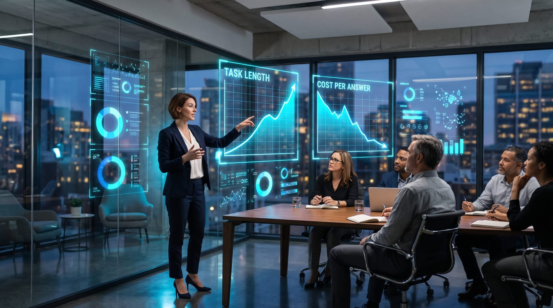 Two floating cyan charts showing AI task length rising and cost per answer falling as a presenter explains the exponential trend to colleagues