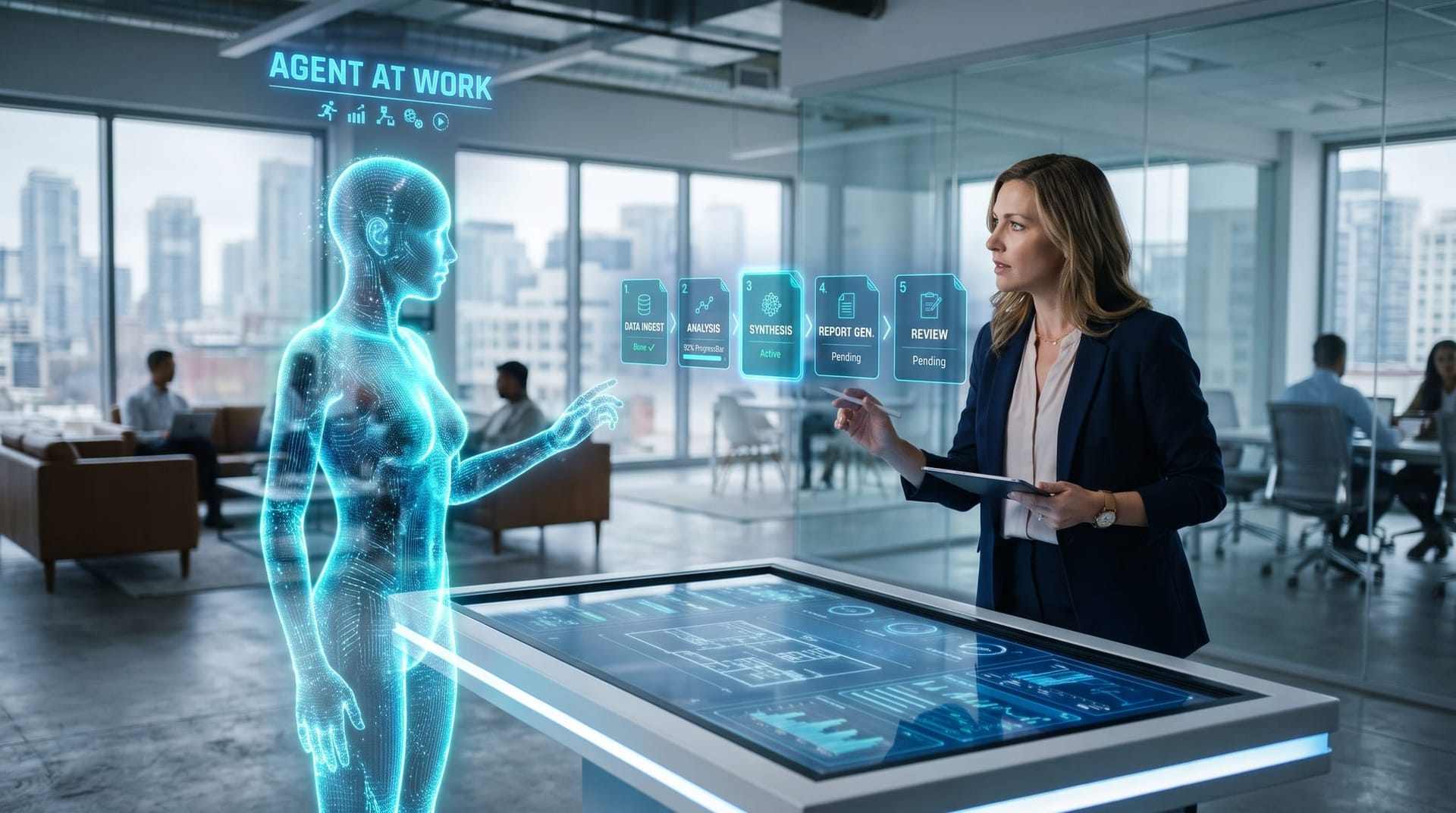 Translucent cyan holographic AI employee executing a multi-step agentic workflow on floating panels as a manager assigns and reviews the work