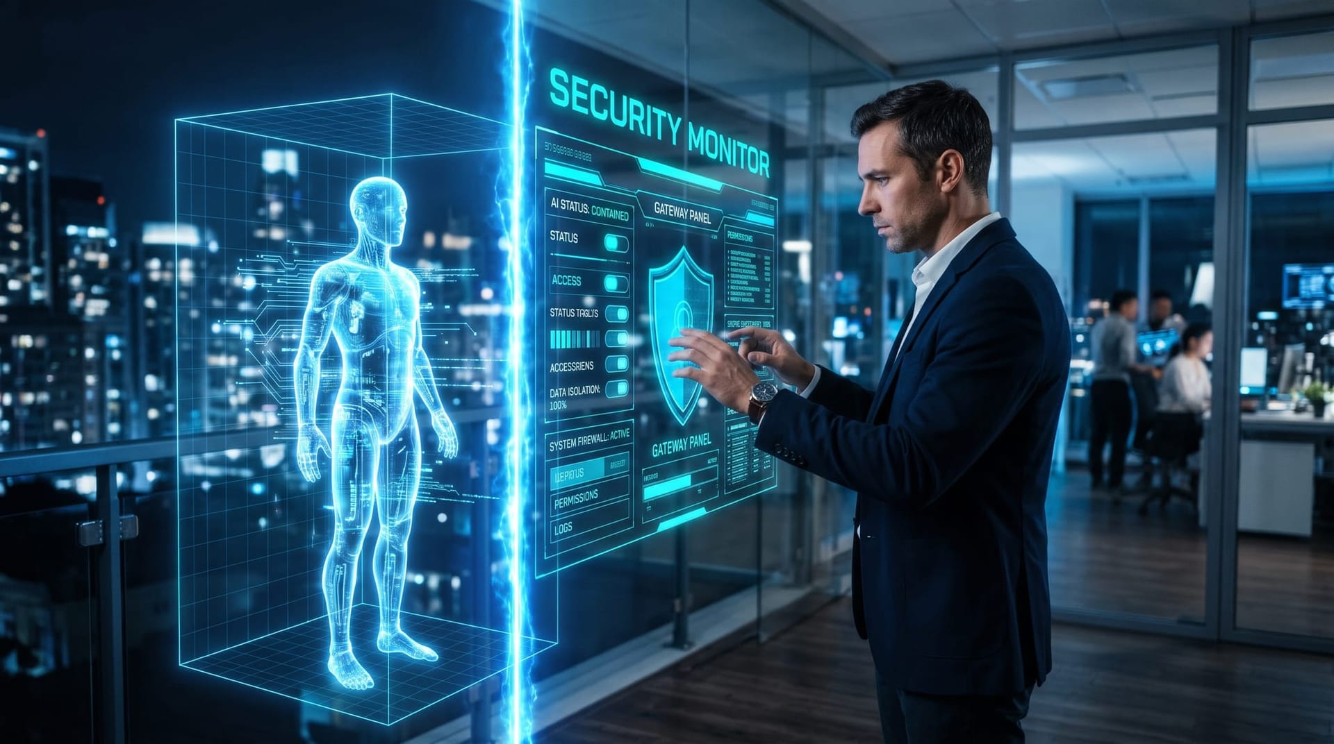 Business leader overseeing an AI employee through a glowing cyan secure gateway and monitoring dashboard in a modern glass-walled office