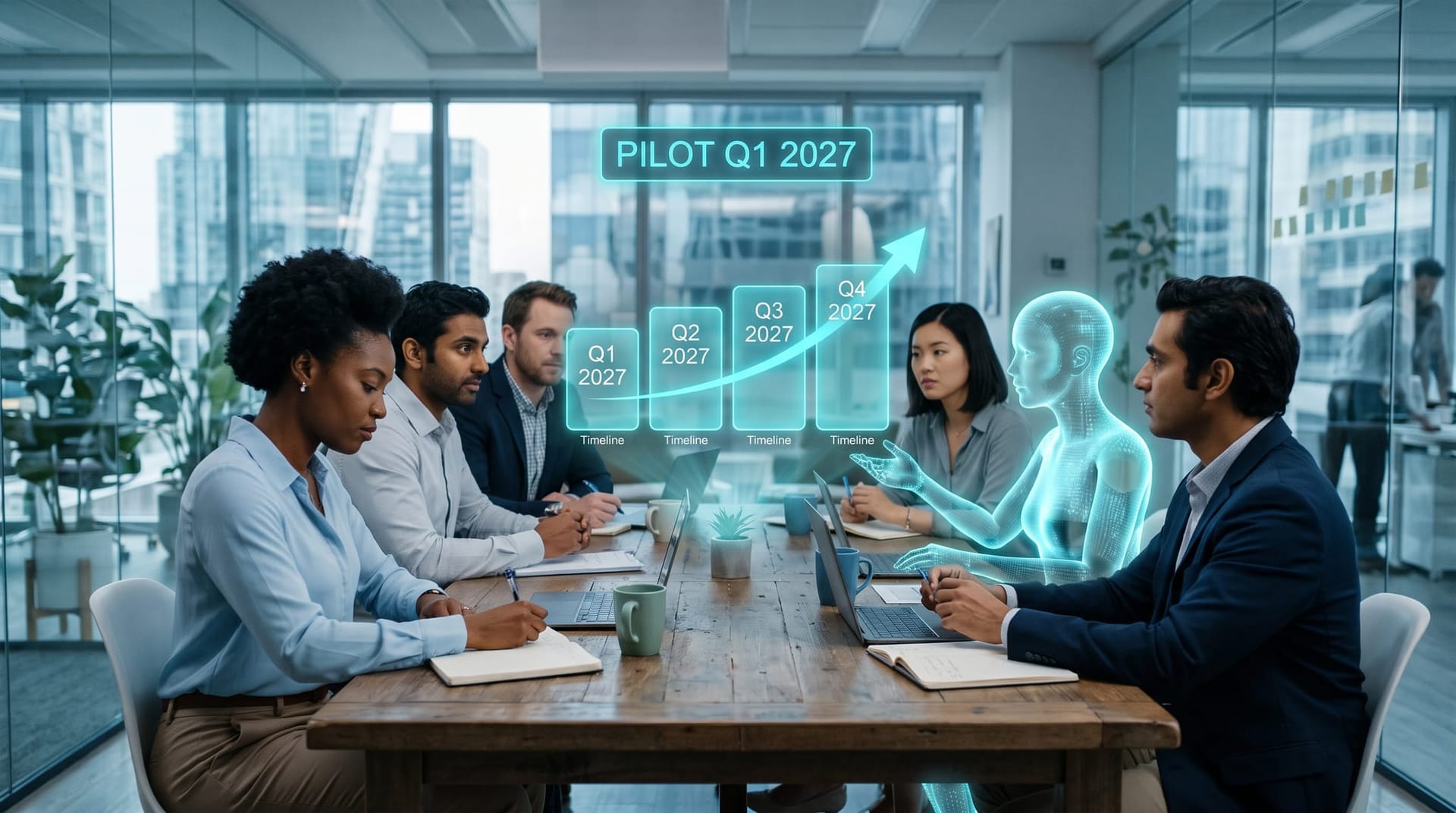 Northeast Indiana small business team planning a 2027 AI pilot around a holographic quarterly roadmap with a cyan AI employee at the table