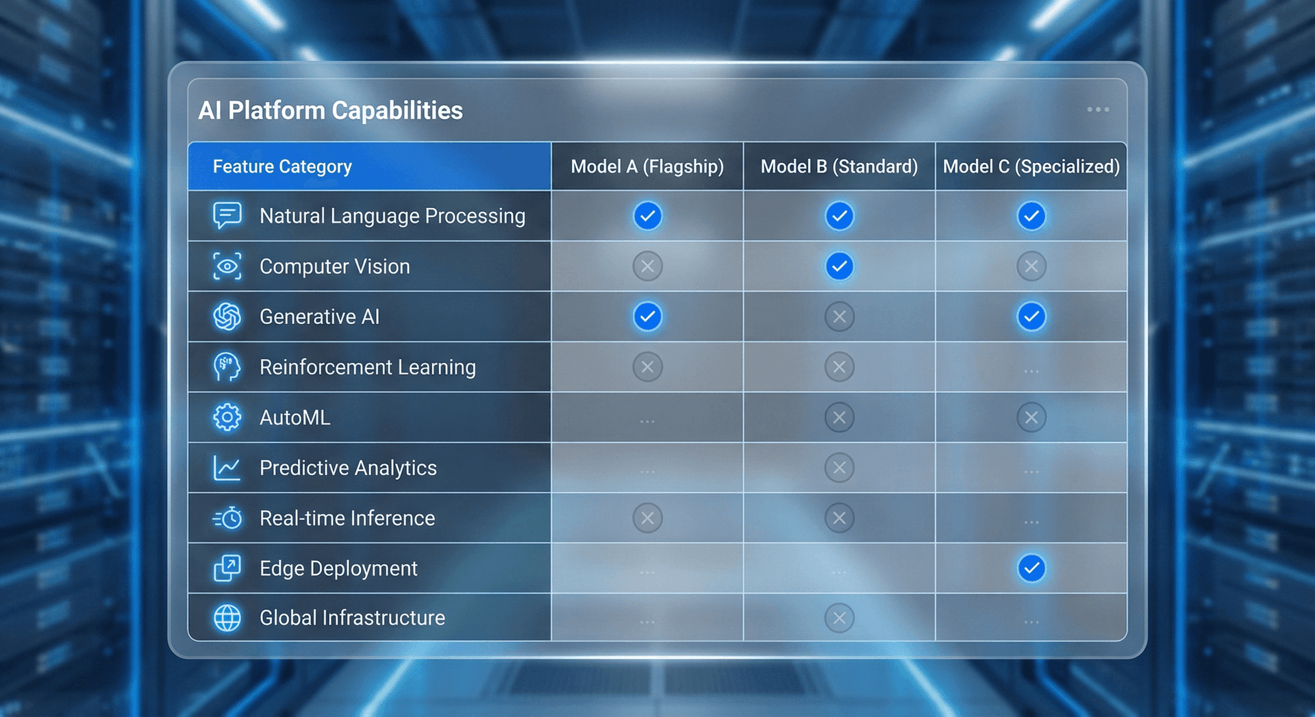 Feature comparison chart for AI business tools — chatbot, answering service, and AI Employee capabilities scored across phone handling, scheduling, CRM, and lead qualification