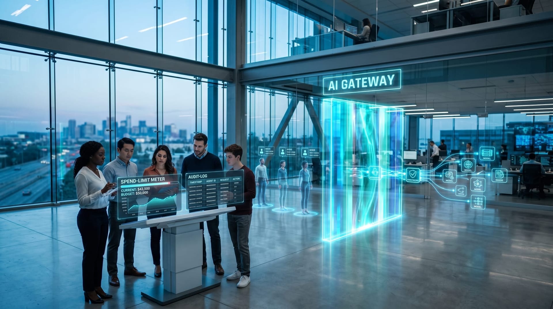 A translucent cyan holographic AI gateway barrier metering and routing multiple agent requests as a business team monitors spend limits and audit logs on floating panels