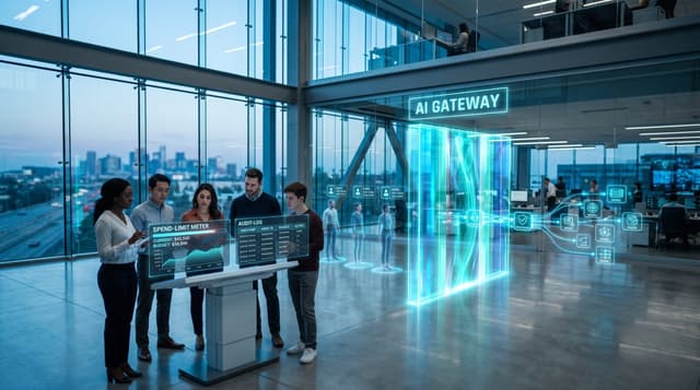 A translucent cyan holographic AI gateway barrier metering and routing multiple agent requests as a business team monitors spend limits and audit logs on floating panels