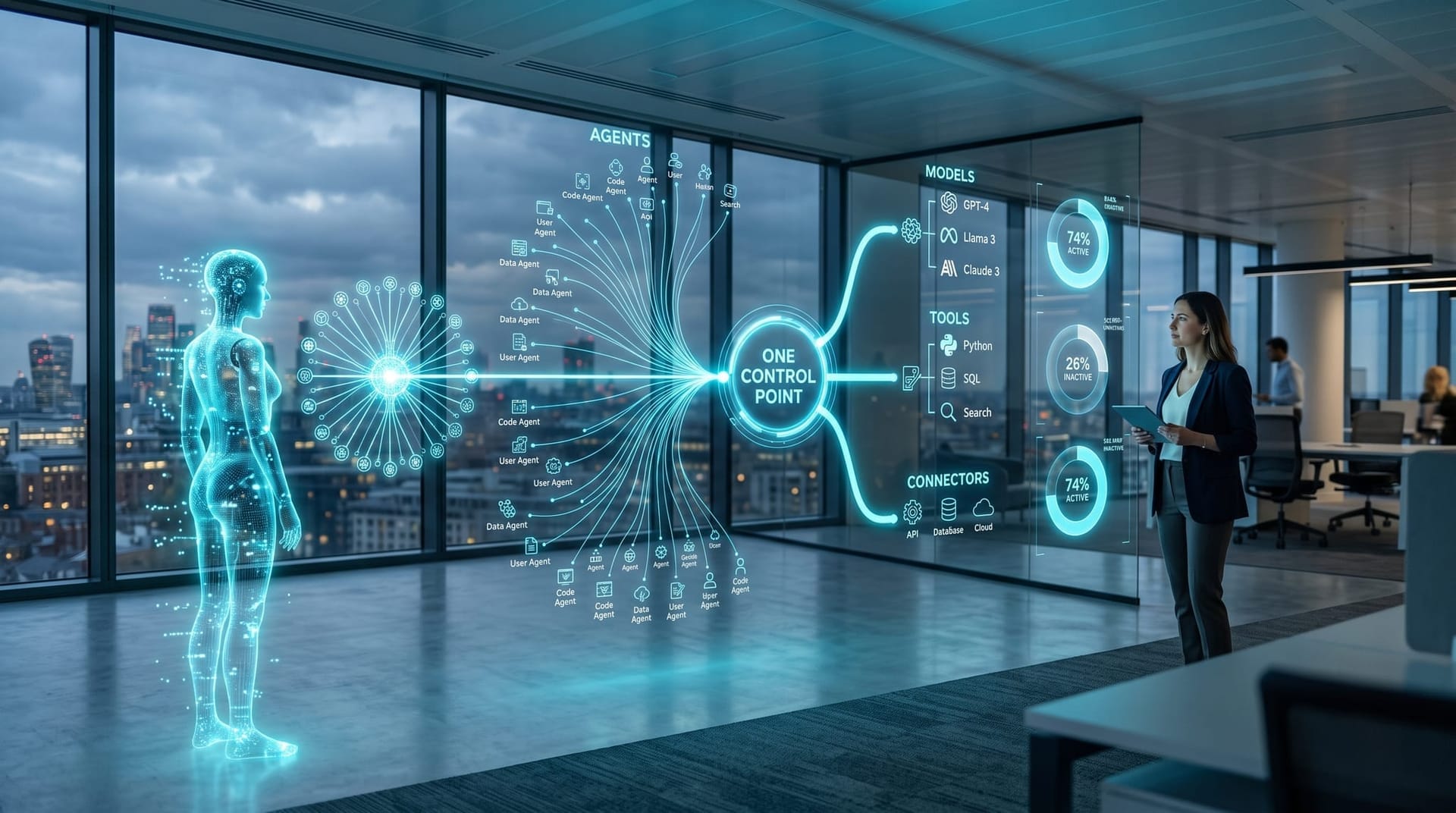 A holographic AI figure directing many agent connections through a single glowing control checkpoint linking models, tools, and MCP servers in cyan light
