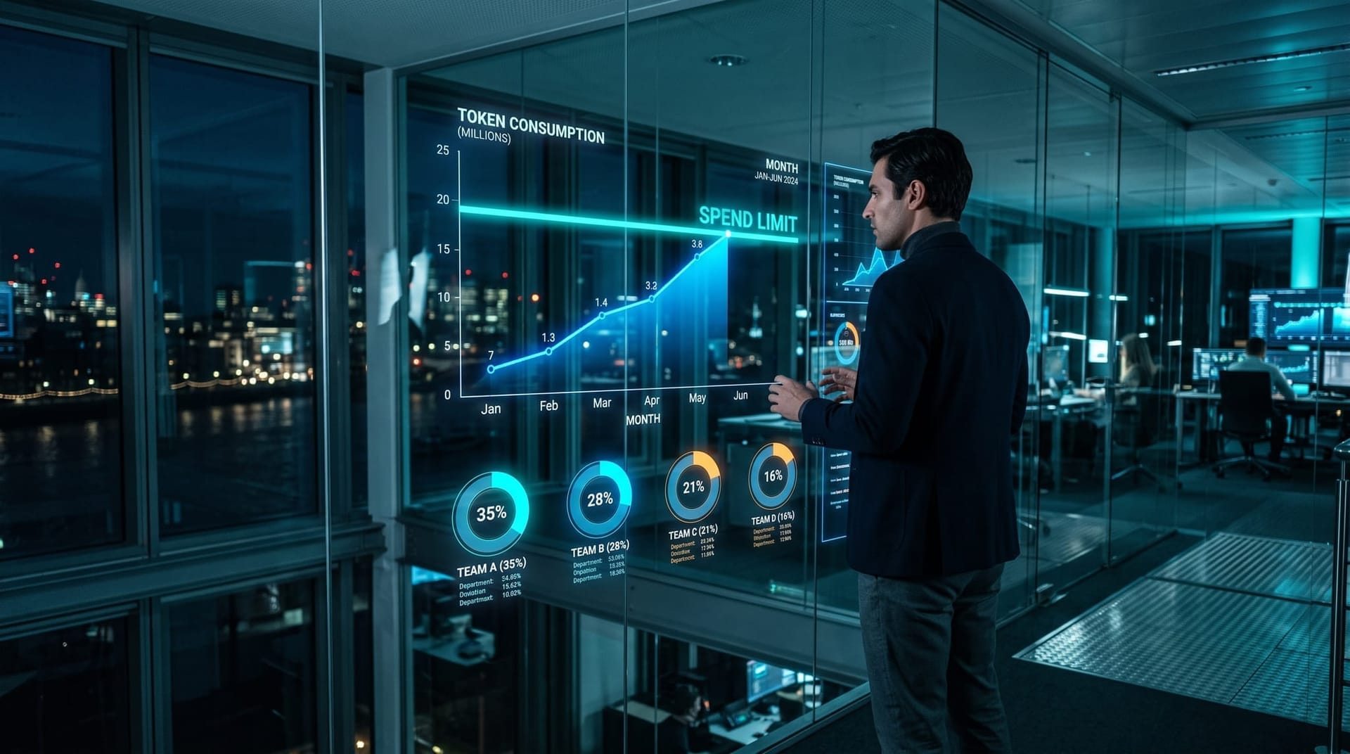 A finance and IT team reviewing a steeply rising AI token-spend chart and enforcing a spending-limit ceiling on floating cyan dashboards in a control room