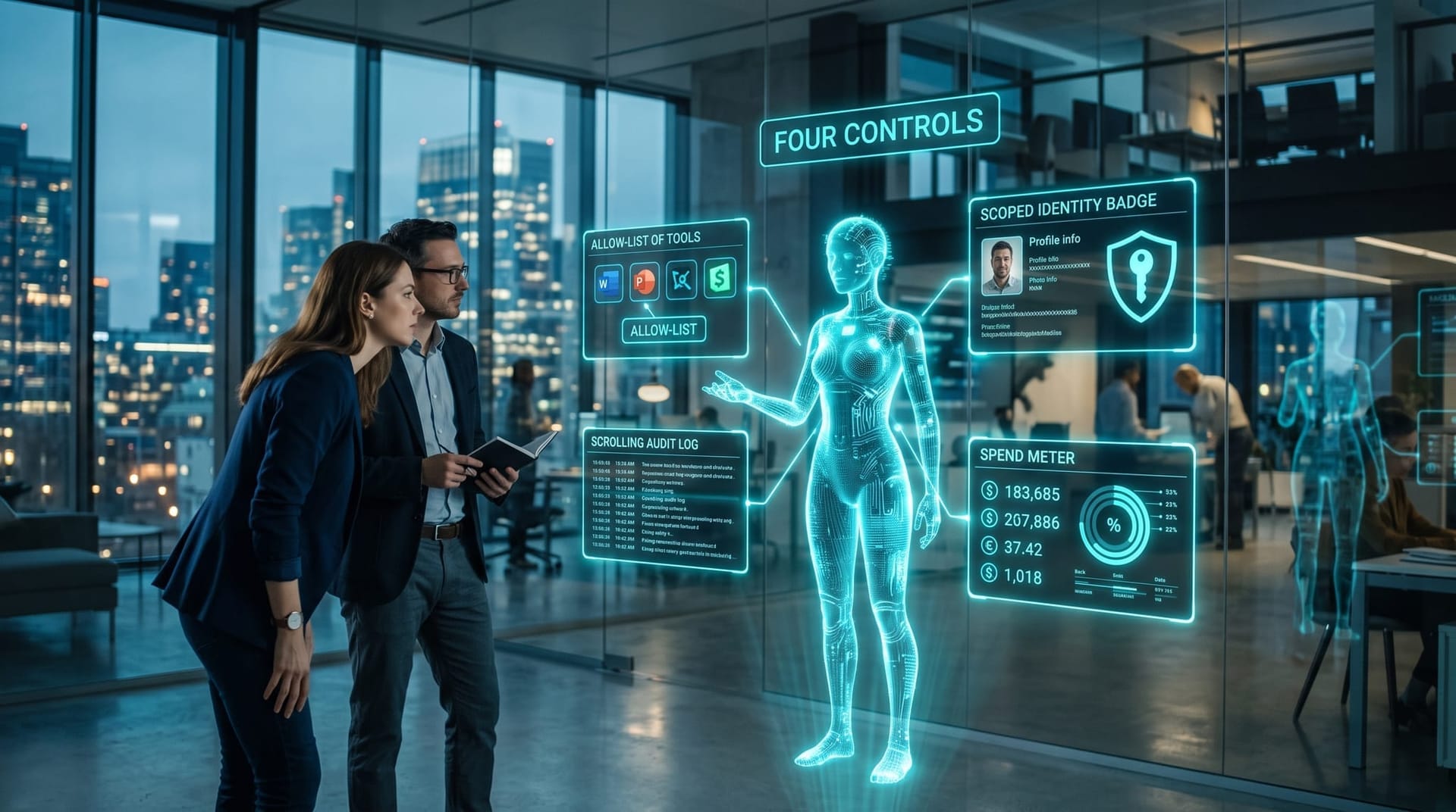 Four glowing holographic control panels for agent access, scoped identity, audit logging, and spend limits arranged around a translucent AI figure in cyan light
