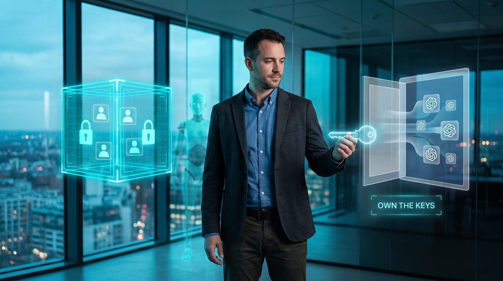 A business owner choosing between a closed single-vendor box and an open neutral gateway holding the keys to their own AI control layer in cyan light