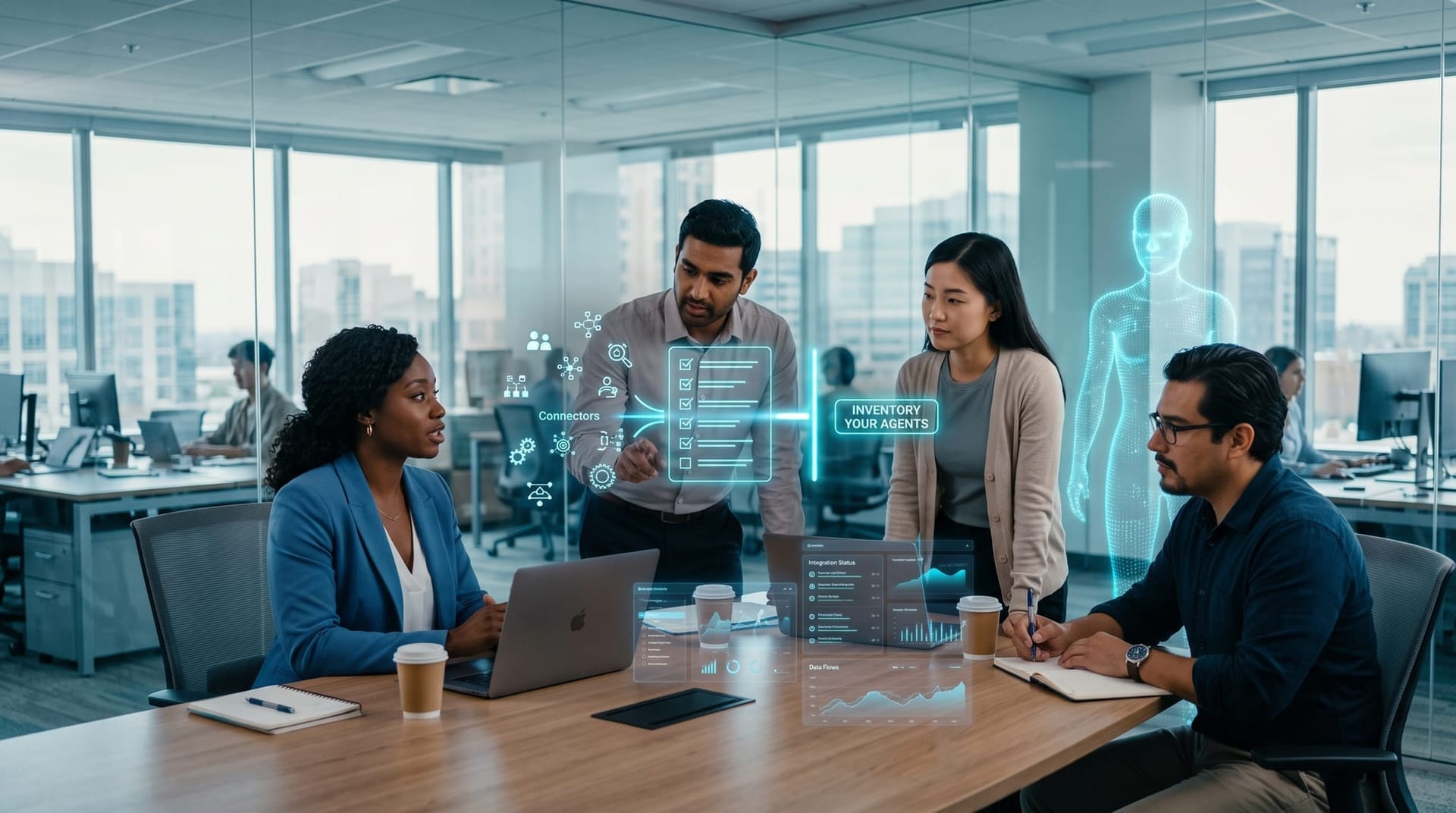 A small Northeast Indiana business team taking inventory of their scattered AI agents on a floating cyan checklist before consolidating them behind one gateway