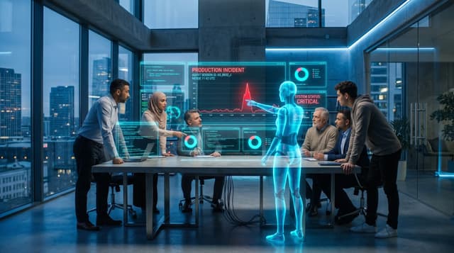 Mid-market engineering team studies a floating cyan holographic production-incident dashboard tied back to an AI-generated code change while a translucent AI humanoid points at the breaking merge.
