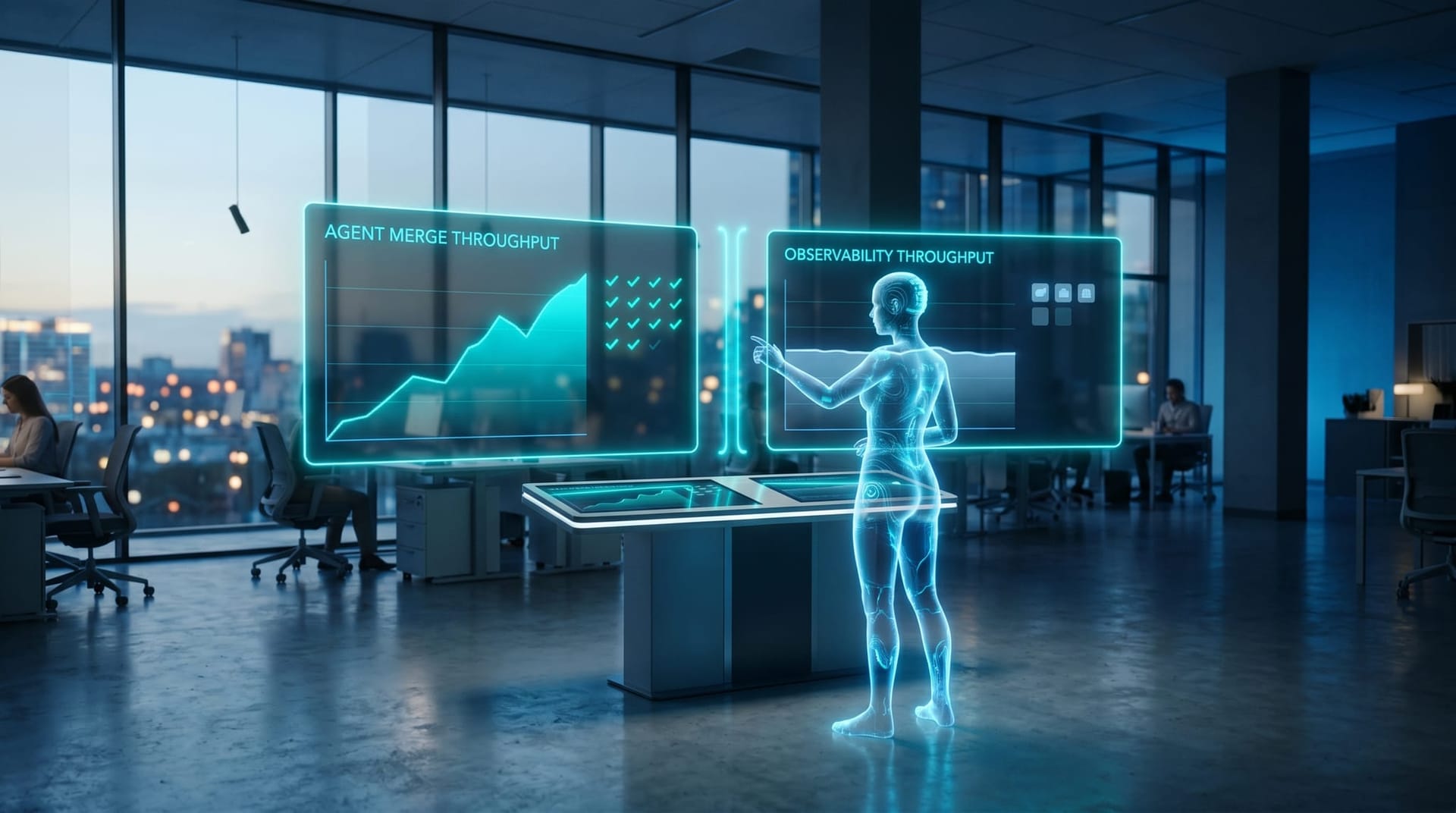 Side-by-side floating cyan holographic dashboards comparing rapid agent merge throughput against slower production observability throughput as a translucent AI humanoid observes.