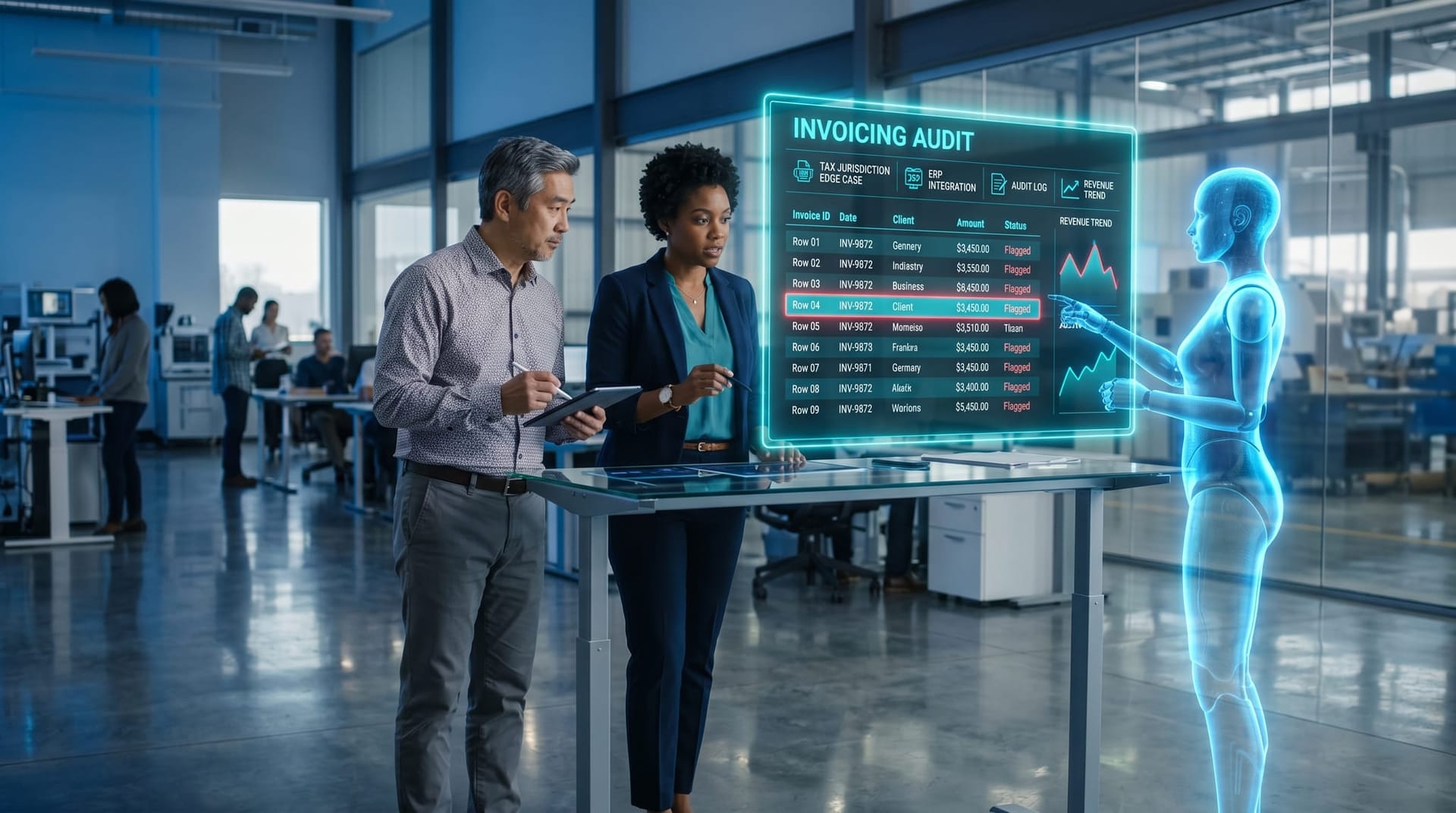 Fort Wayne back-office accountant and engineer review a floating cyan holographic invoicing audit panel tied to an AI-authored ERP integration as a translucent AI humanoid stands beside them.