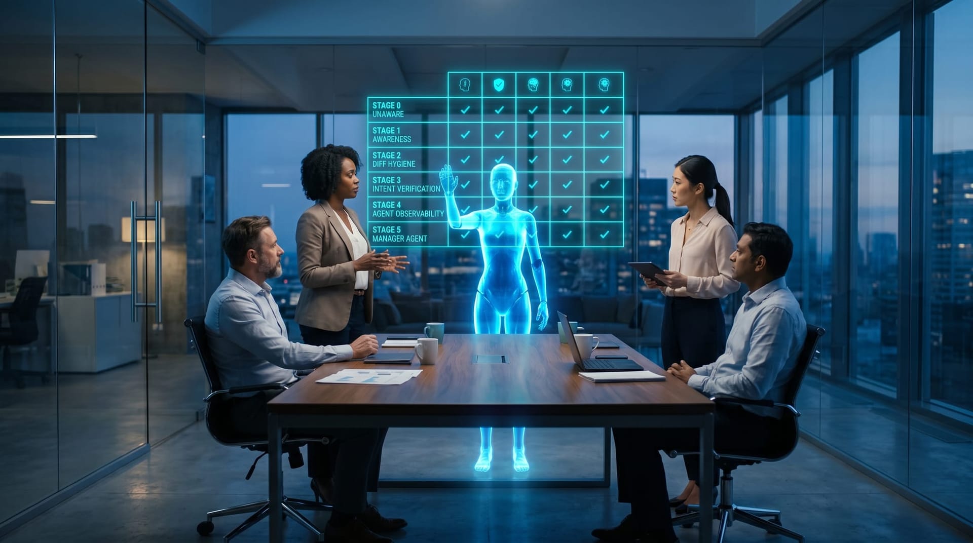 Diverse engineering leadership team studies a six-row floating cyan holographic maturity matrix with stages from unaware to manager-agent supervisor as a translucent AI humanoid presents it.