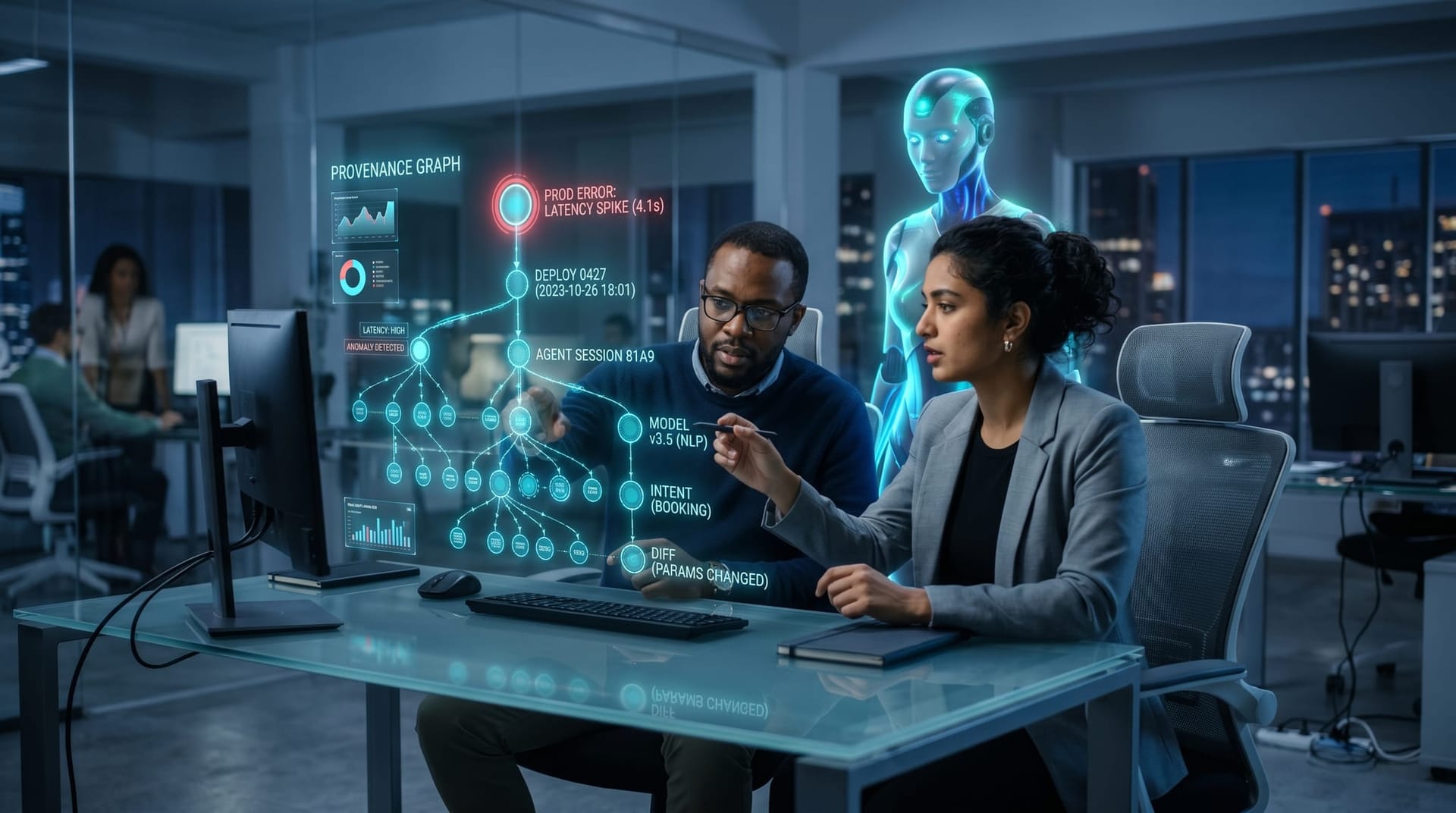 Two diverse engineers trace a production error through a floating cyan holographic provenance graph that links the error back to a specific agent session and model version.