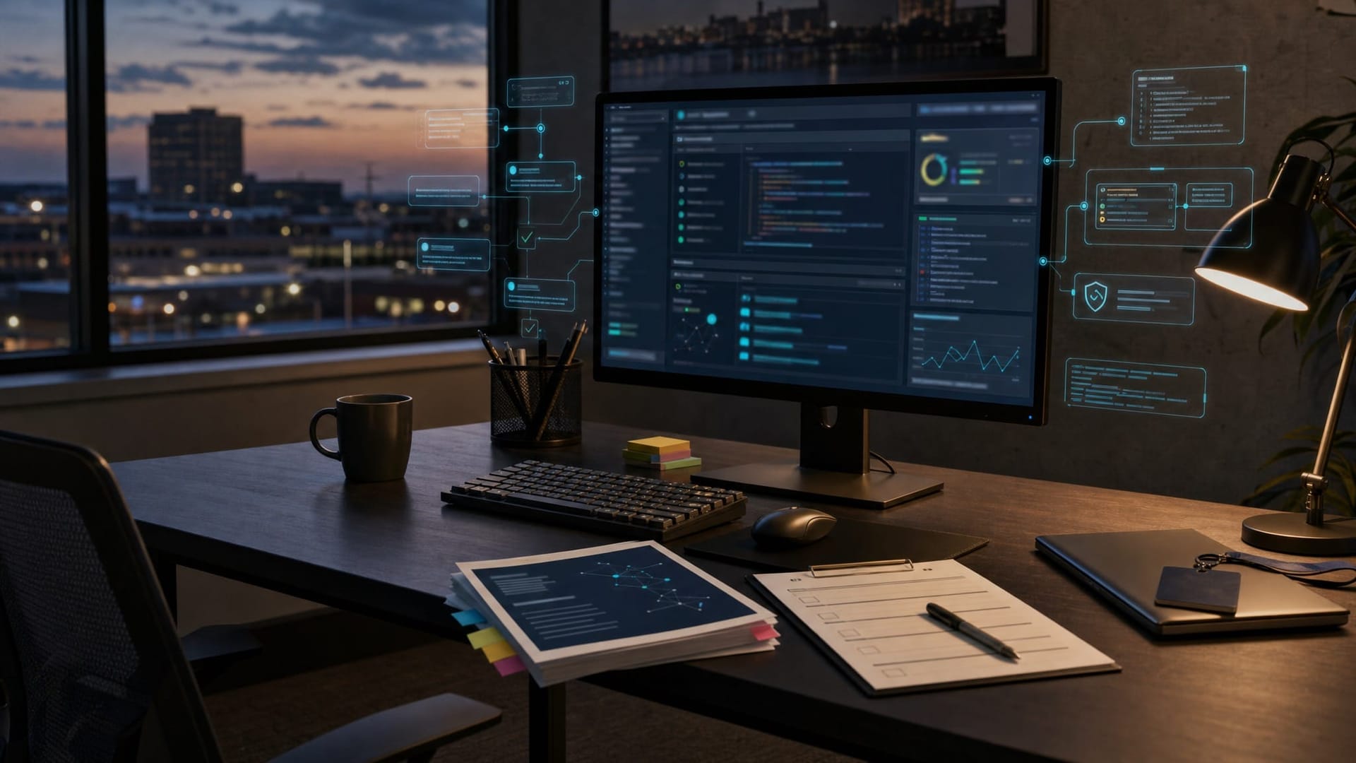 Quiet office at dusk with a workstation running a code review dashboard and a printed AI governance policy, illustrating the enterprise AI governance gap of 2026.