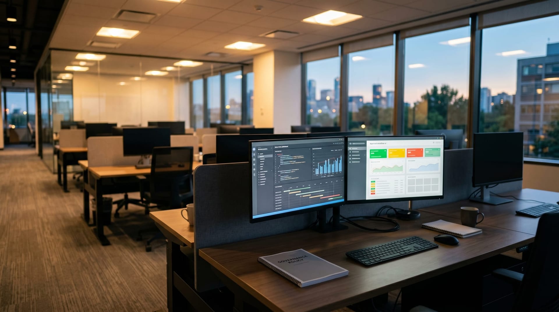Quiet office at dusk with a workstation running a code review dashboard and a printed AI governance policy, illustrating the enterprise AI governance gap of 2026.
