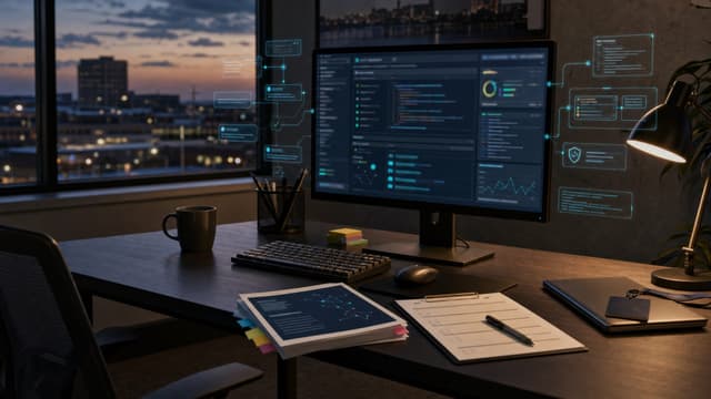 Quiet office at dusk with a workstation running a code review dashboard and a printed AI governance policy, illustrating the enterprise AI governance gap of 2026.