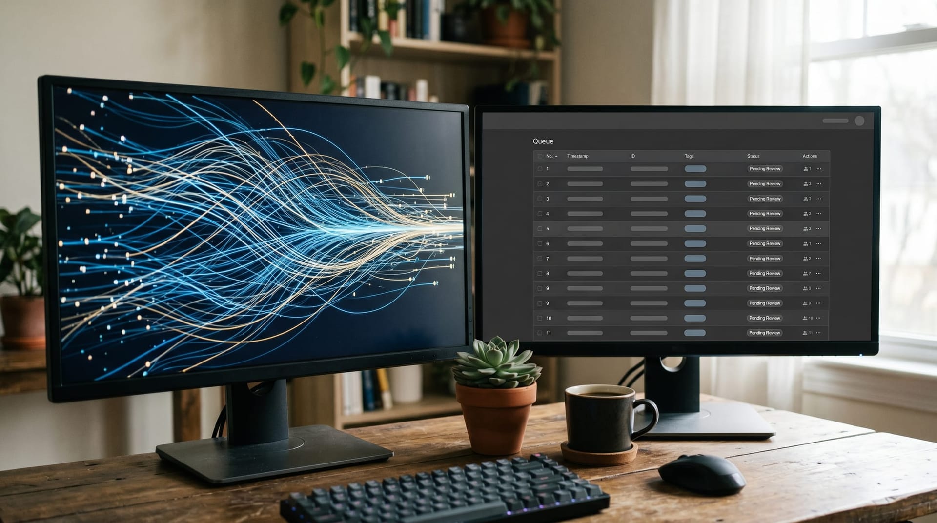 Side-by-side comparison scene showing a fast-moving digital pipeline on one screen and a slow manual approval queue on another, depicting the speed gap between AI and oversight.