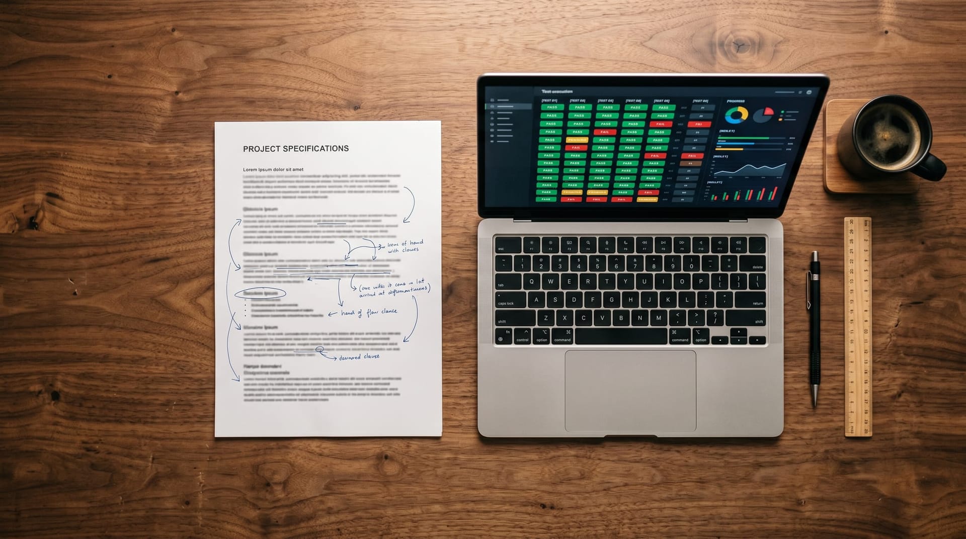 Architect's desk with a hand-drawn specification document, property-based testing diagram, and a laptop showing a verification pipeline for spec-driven AI development.