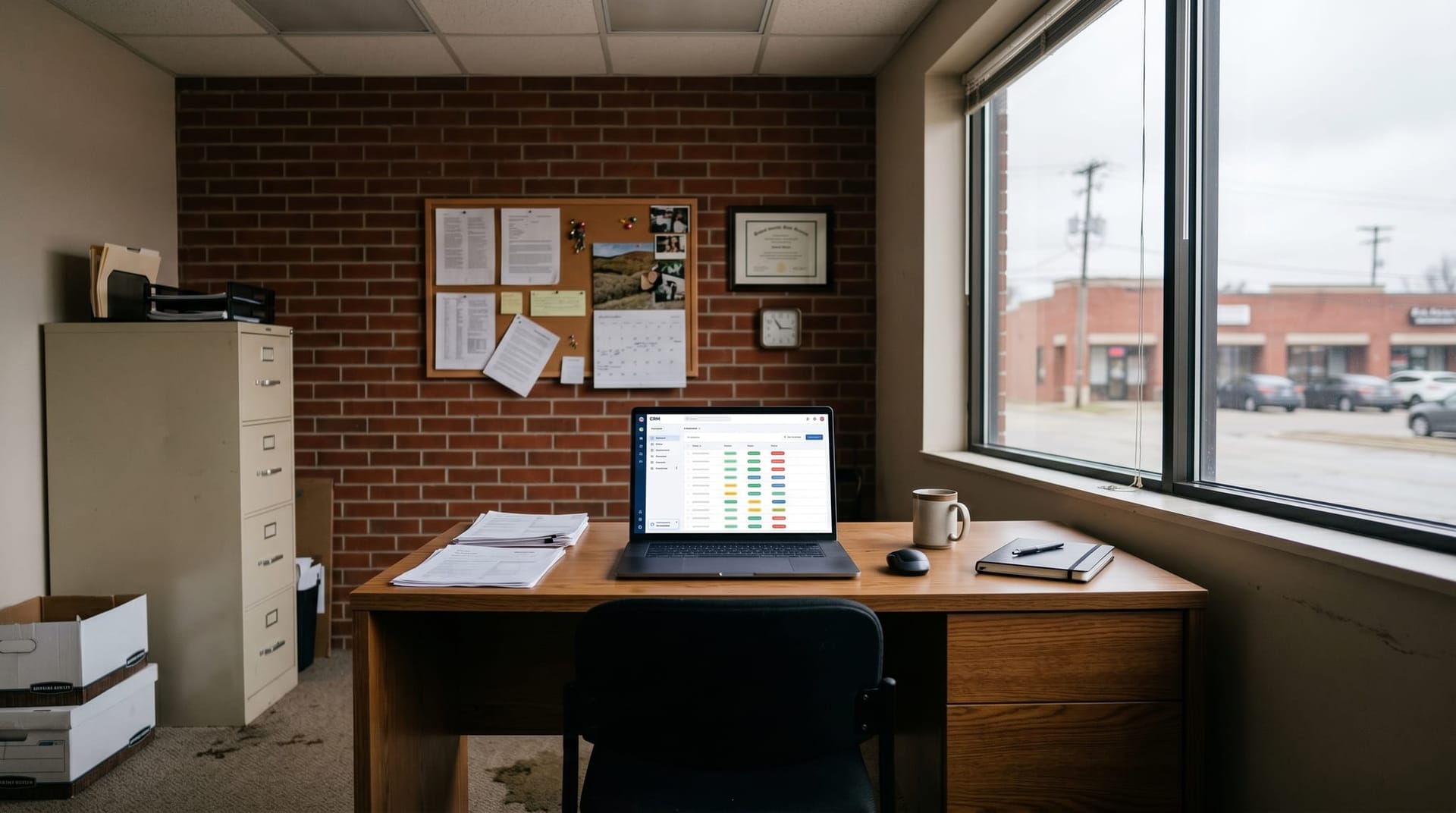 A small Fort Wayne business back office with a laptop showing a CRM screen and an AI assistant widget, with printed workflow notes pinned on a corkboard above the desk.