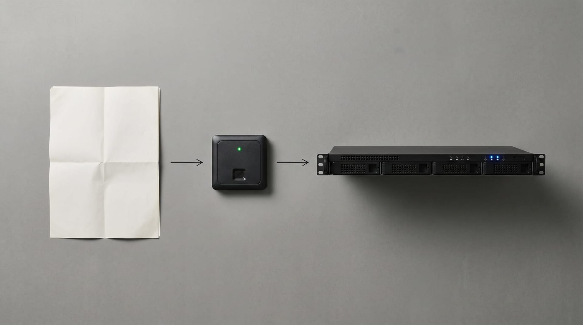 Abstract layered architecture model with a spec document, an approval gate icon, and a secure gateway appliance arranged in sequence on a minimalist studio backdrop for AI governance illustration.