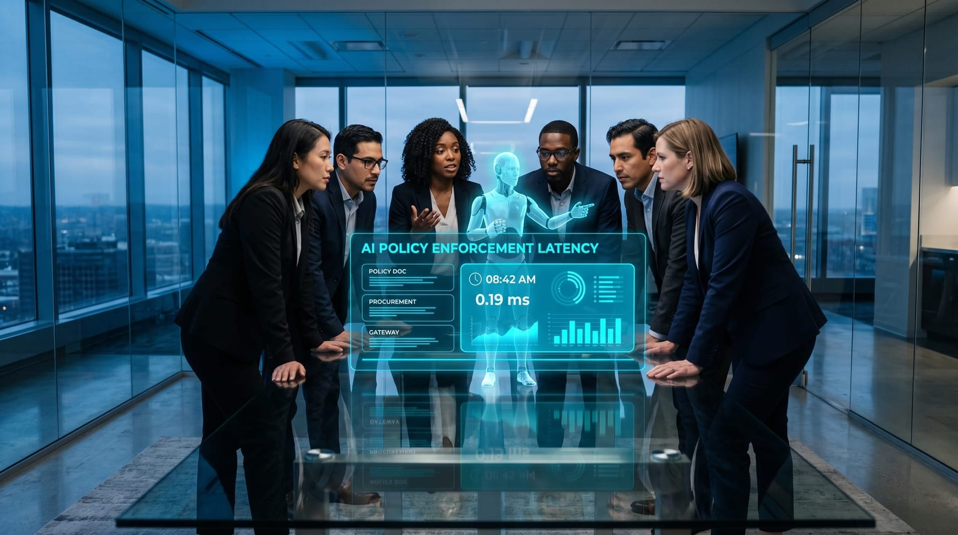 A diverse mid-market leadership team and a translucent cyan holographic AI Employee reviewing a floating maturity-gap dashboard labeled AI POLICY ENFORCEMENT LATENCY in glowing cyan.