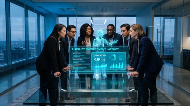 A diverse mid-market leadership team and a translucent cyan holographic AI Employee reviewing a floating maturity-gap dashboard labeled AI POLICY ENFORCEMENT LATENCY in glowing cyan.