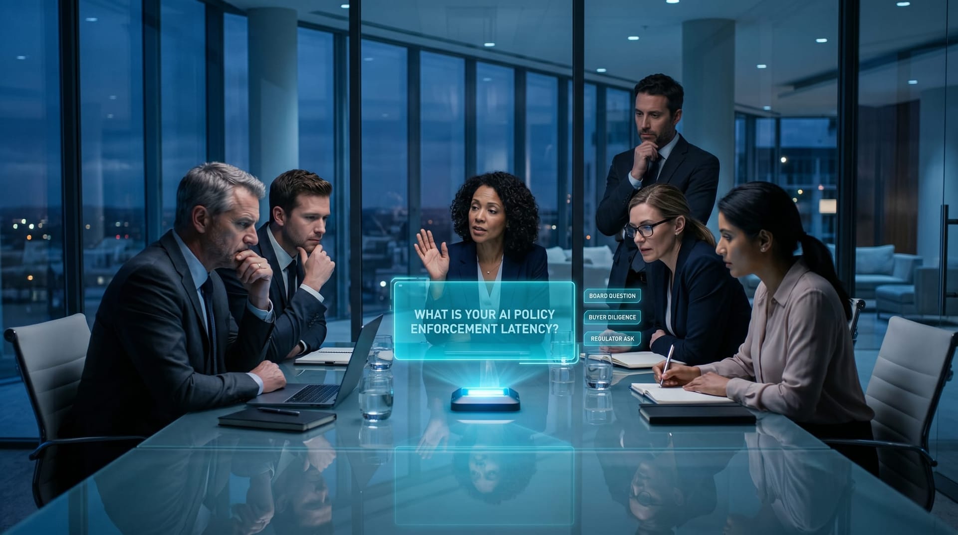 A board-style team in business attire reacting to a translucent cyan holographic question panel reading WHAT IS YOUR AI POLICY ENFORCEMENT LATENCY floating above a glass conference table.