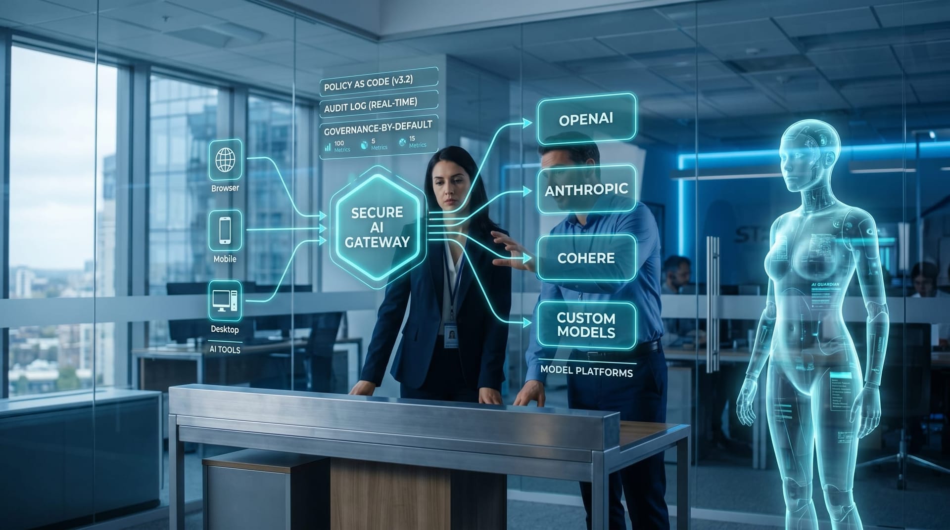An IT director and security officer in a glass-walled office reviewing a translucent cyan holographic Secure AI Gateway diagram with employee AI tool icons routing through a central chokepoint.