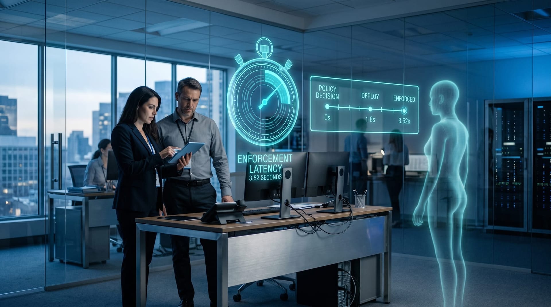 A compliance officer and an IT director at a brushed-metal workstation reviewing a translucent cyan holographic stopwatch graphic and an enforcement latency timeline floating above the desk.